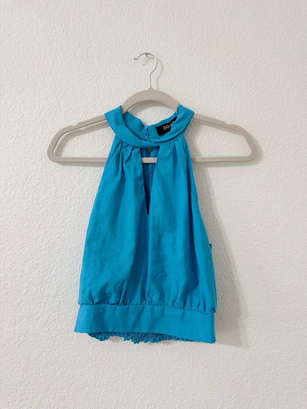 DO+BE Turquoise Halter Keyhole Blouson Top Smocked Hem Size Medium
